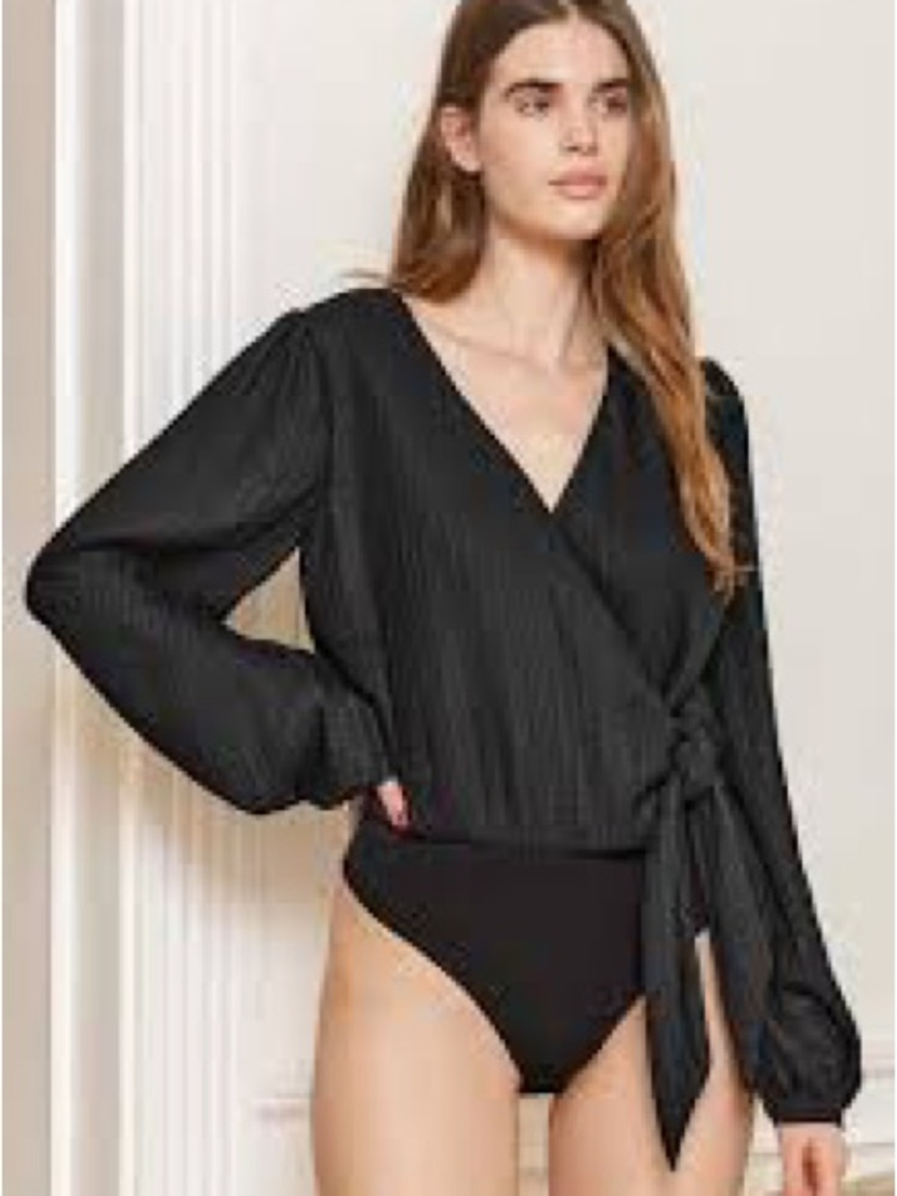 Lulu's Black Pleated Wrap Long-Sleeve Bodysuit